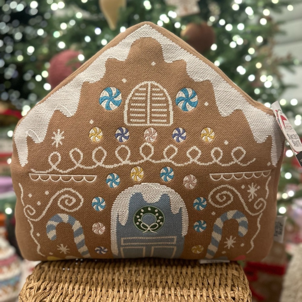 Sincerely Santa gingerbread house throw pillow plush Christmas 2023 knit